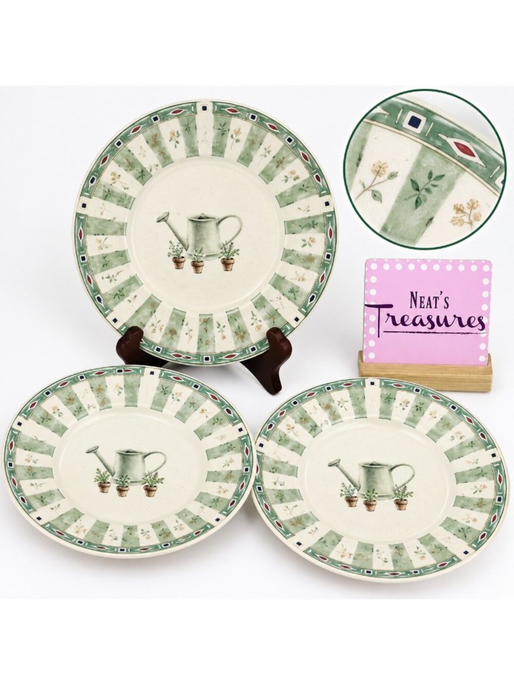 Pfaltzgraff NATUREWOOD Leaves Herbs Garden Watercan Stoneware Salad Plates Set 3